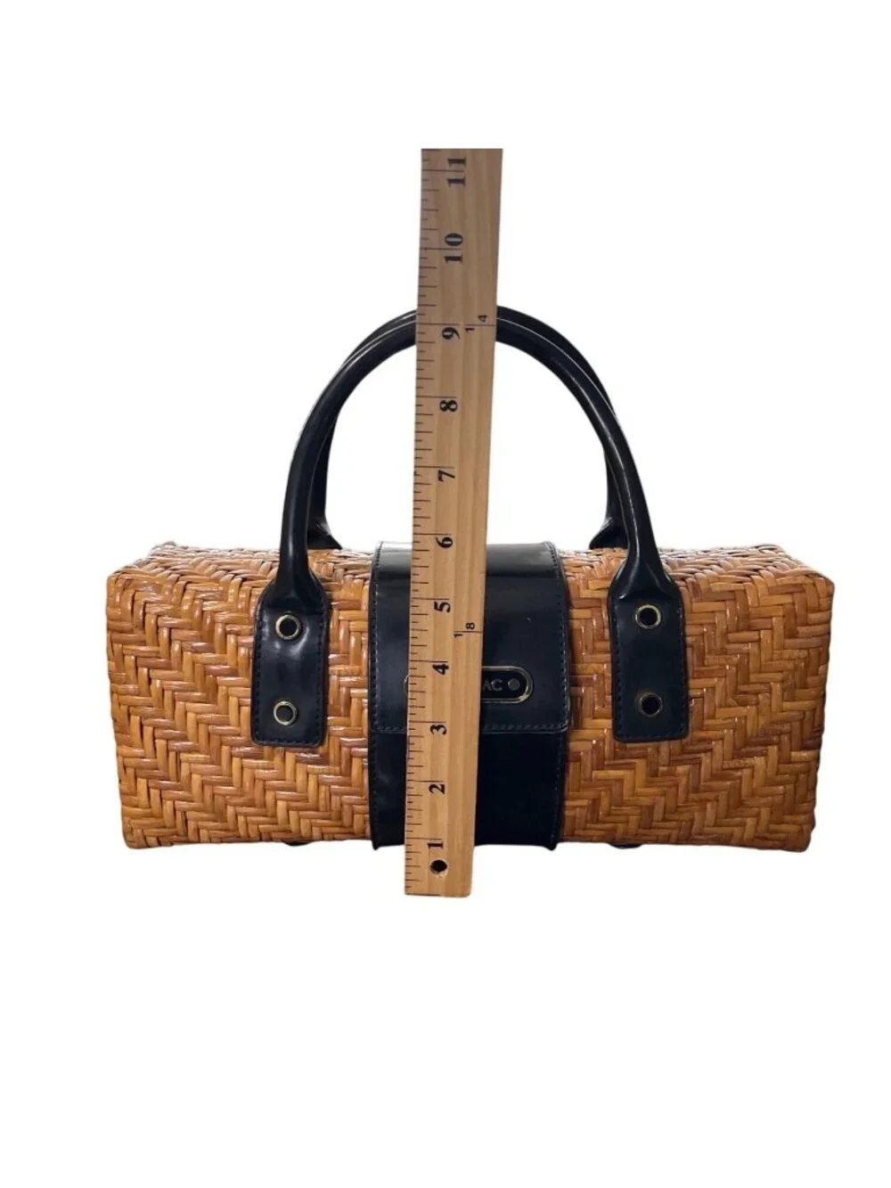 Vtg Monsac Woven Rattan Wicker & Black Leather Handbag Box Purse Top Handles